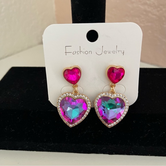 NWT Colorful Heart Shaped Gemstone Drip Dangle Earrings, Valentine’s Day - Picture 2 of 6